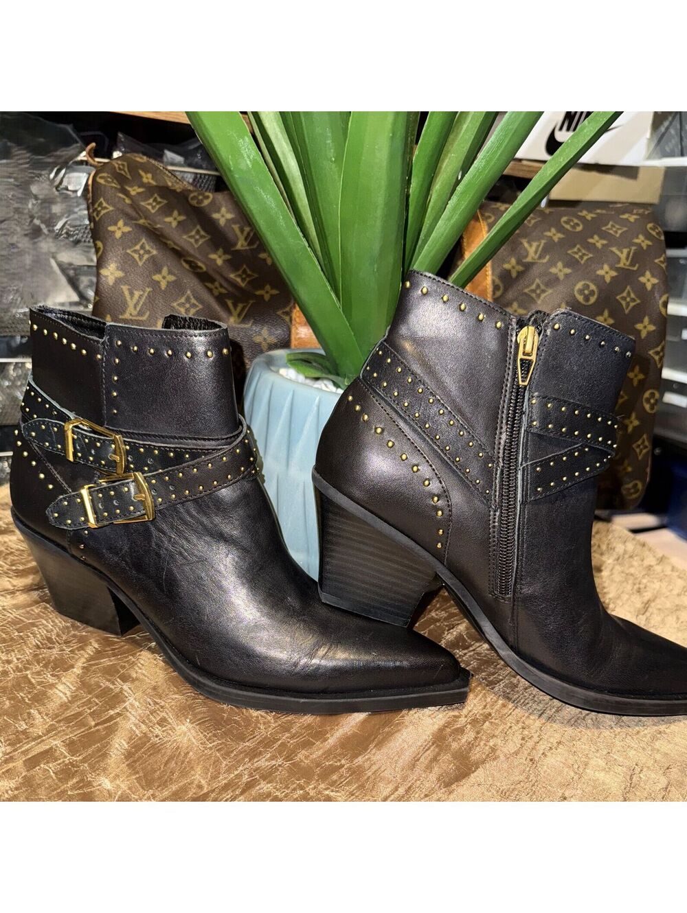 Dolce Vita Leather Ankle Boots with  Double Strap and Gold Studs (Black) Sz-8
